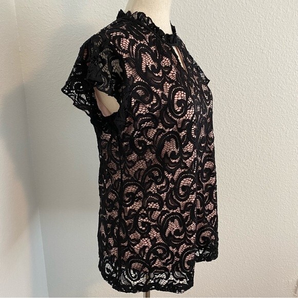 Perseption Lace Black Pink Short Sleeve Sexy Dressy V Neck Cut Out Top Size M - Picture 5 of 8